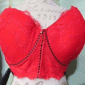 Adore Me 40I 40 I Red Corset Bra Lace Overlay Red Black Underwire Lined